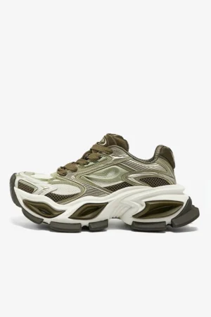 Side profile of olive brown and off-white chunky platform sneakers with streamlined layered technical upper