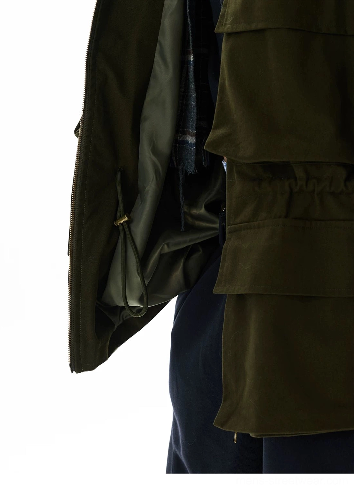 Olive green Korean techwear utility parka product image with relaxed boxy fit, integrated hood, full front zipper, and adjustable waist