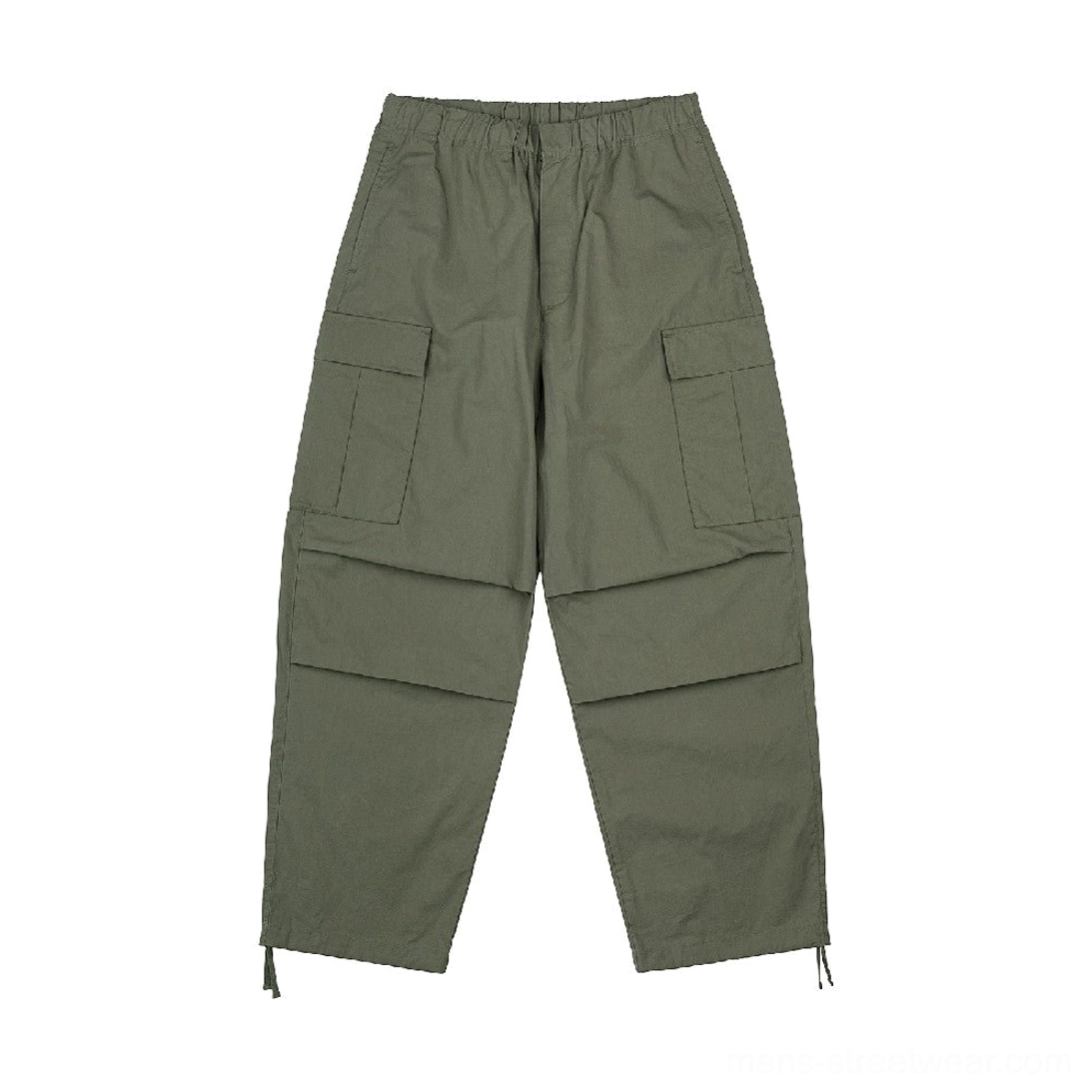 Olive green oversized cargo pants with elastic waist flap pockets pleated knees and drawstring hem streetwear design