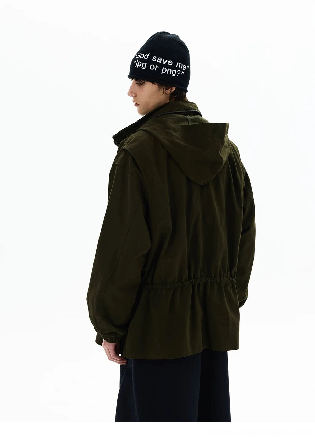 Three-quarter rear view of an olive green oversized hooded parka with adjustable back drawstring and clean minimalist techwear design