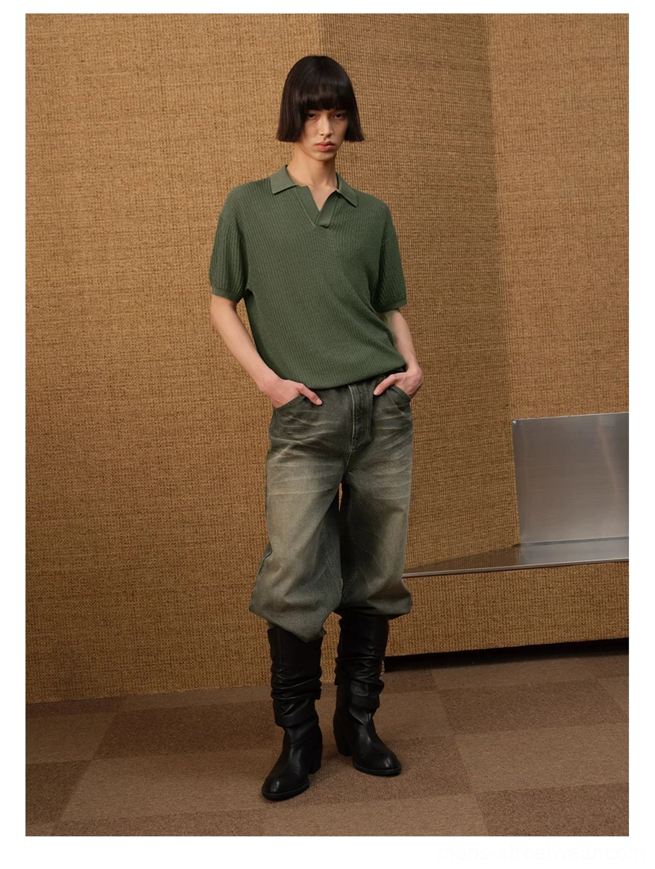 Olive green textured knit open-collar polo shirt styled with cropped faded denim and black boots