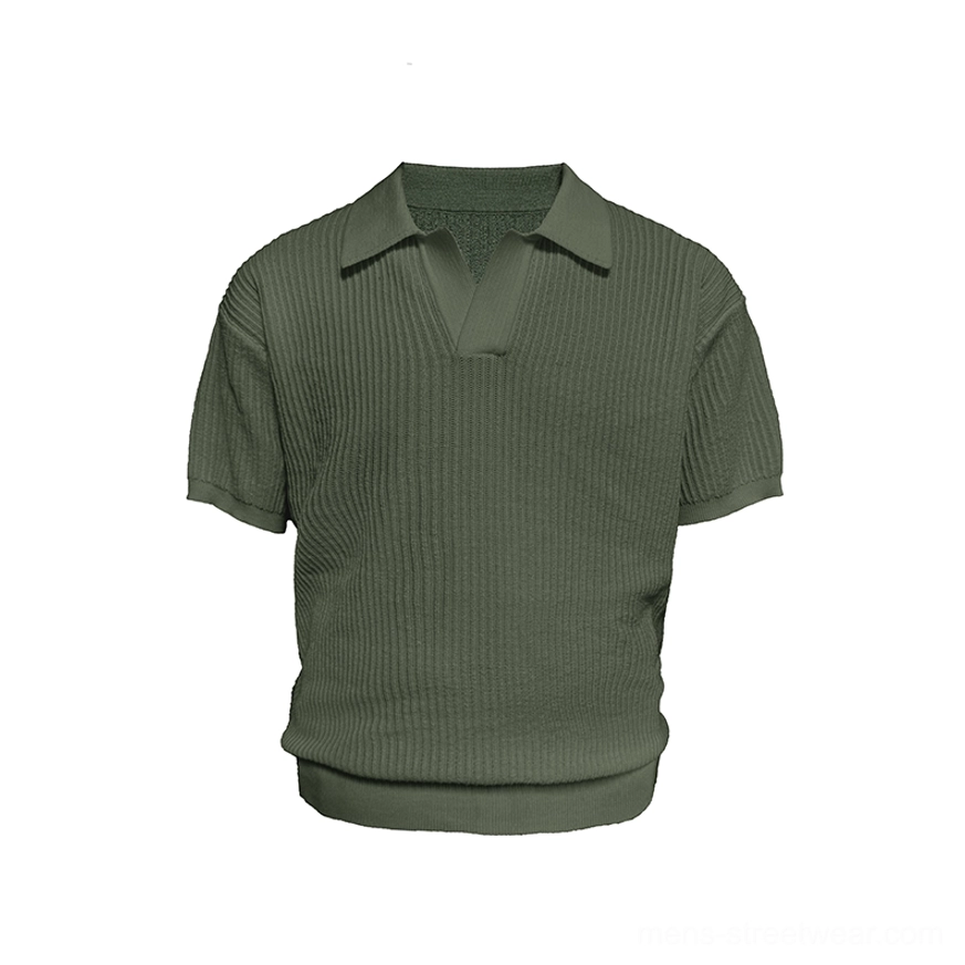 Olive green textured ribbed knit polo shirt with open collar and breathable short-sleeve construction