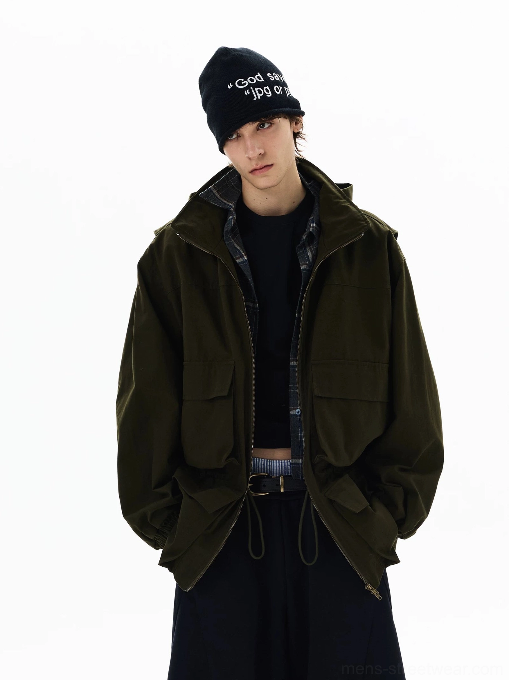 Front view of an olive green oversized utility zip parka with hood, flap pockets, drawstring waist, and relaxed Korean streetwear fit