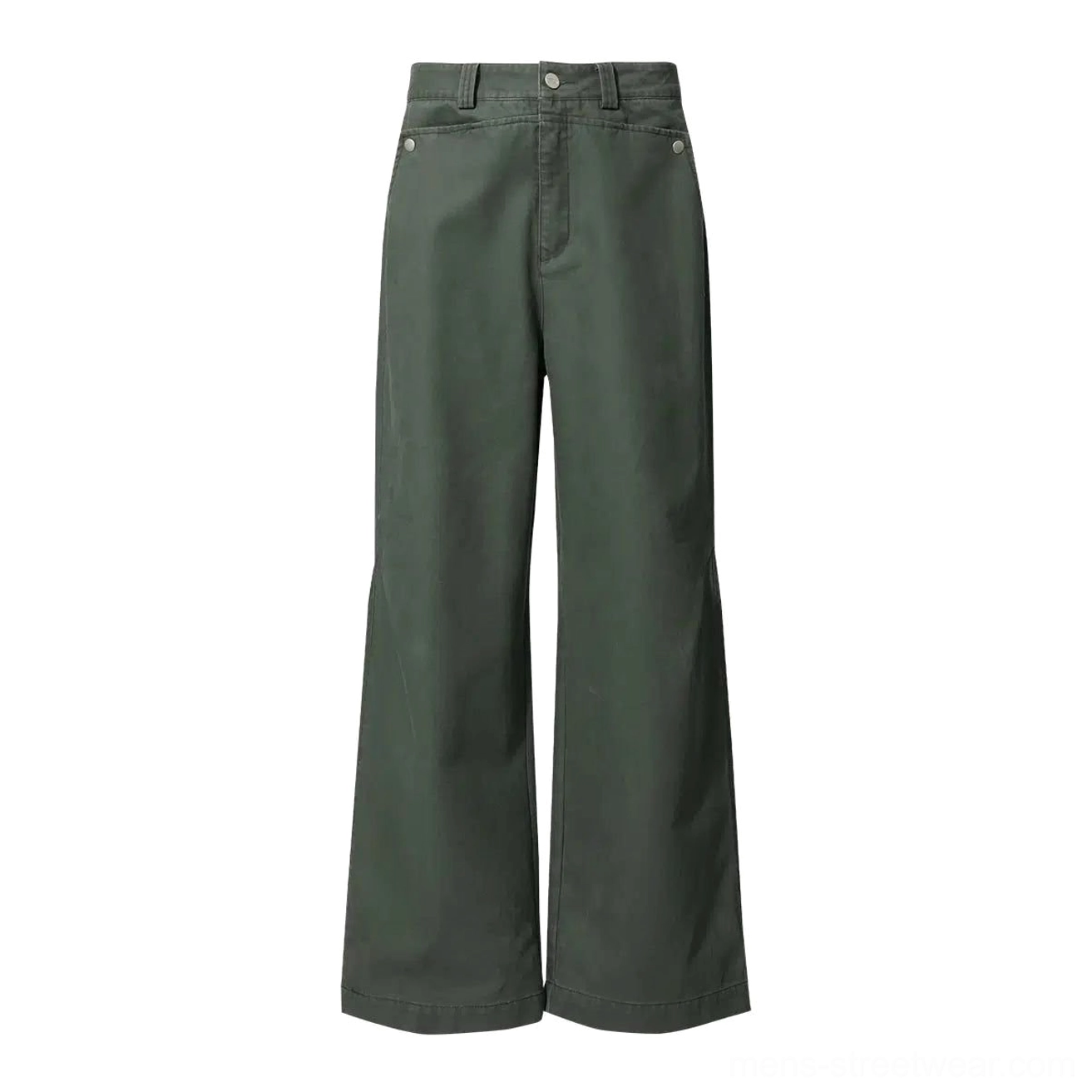 Flat lay of olive green wide-leg workwear denim jeans showing metal button fly, front pockets, high waist, and adjustable cuffs