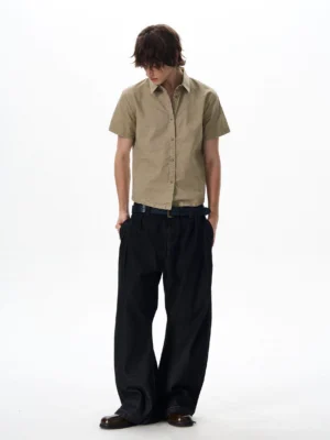 Khaki short sleeve utility shirt with classic pointed collar and button front styled as Korean streetwear