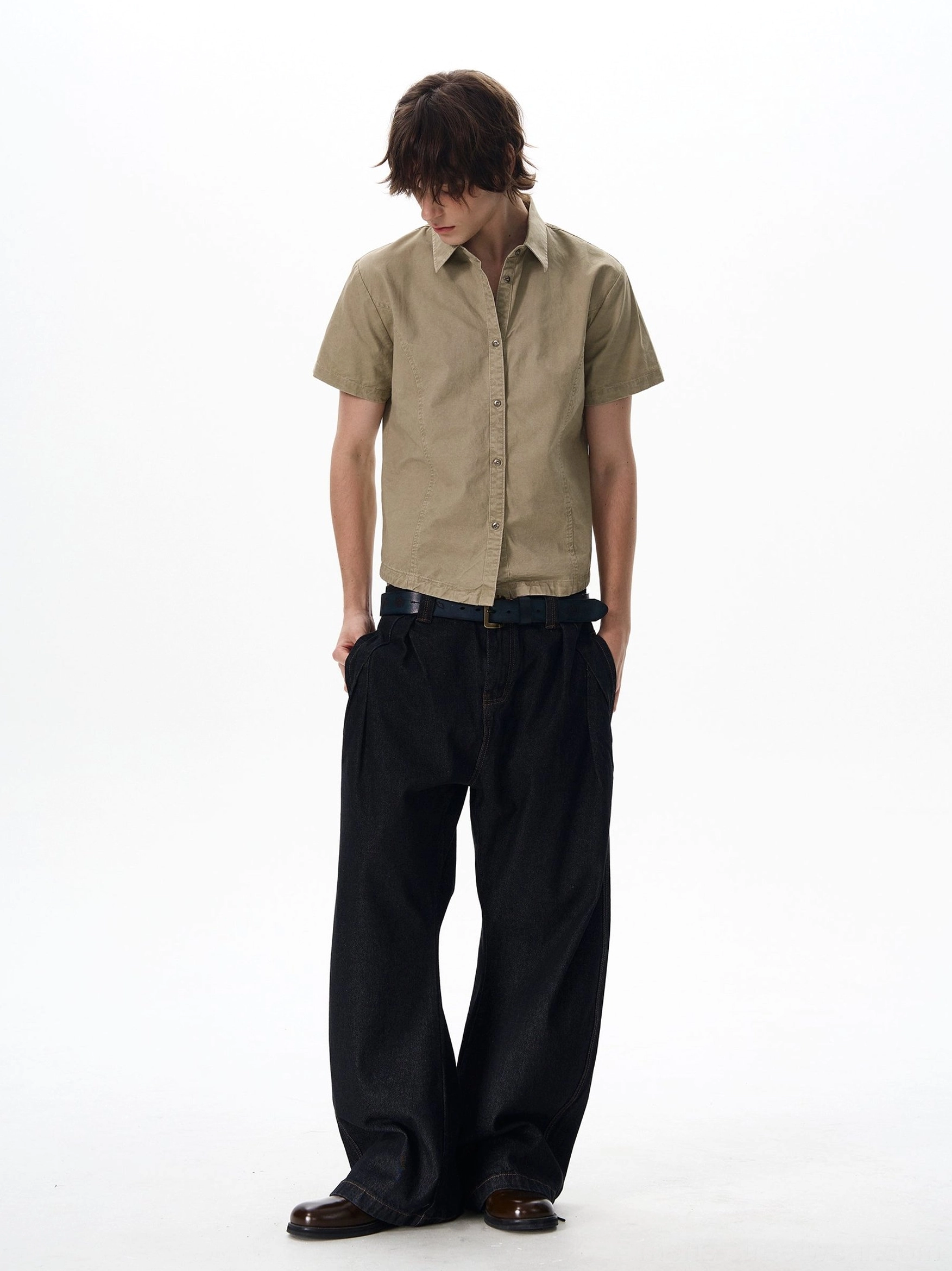Khaki short sleeve utility shirt with classic pointed collar and button front styled as Korean streetwear