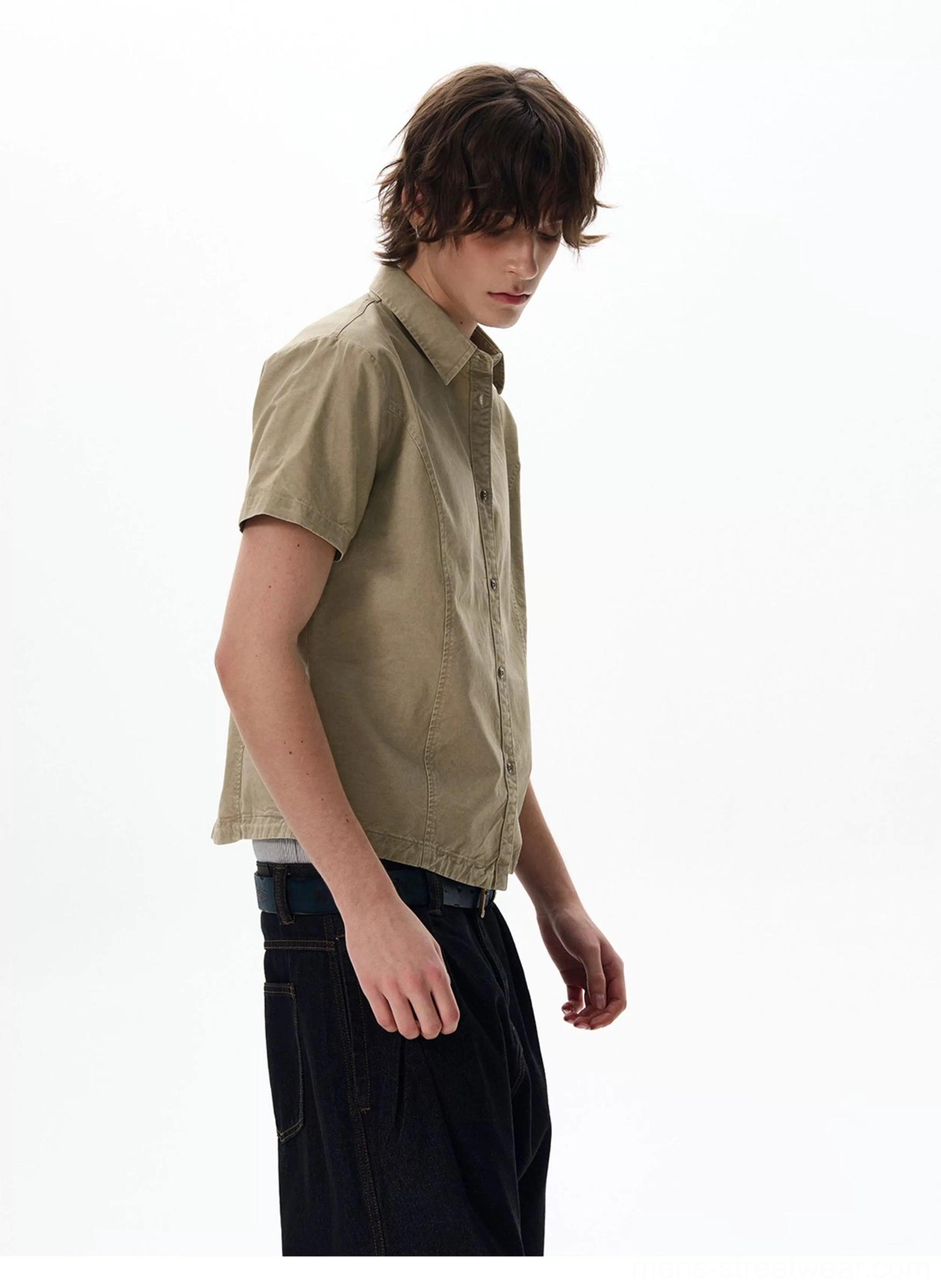 Olive khaki utility shirt product image for Korean streetwear layering and casual urban outfits
