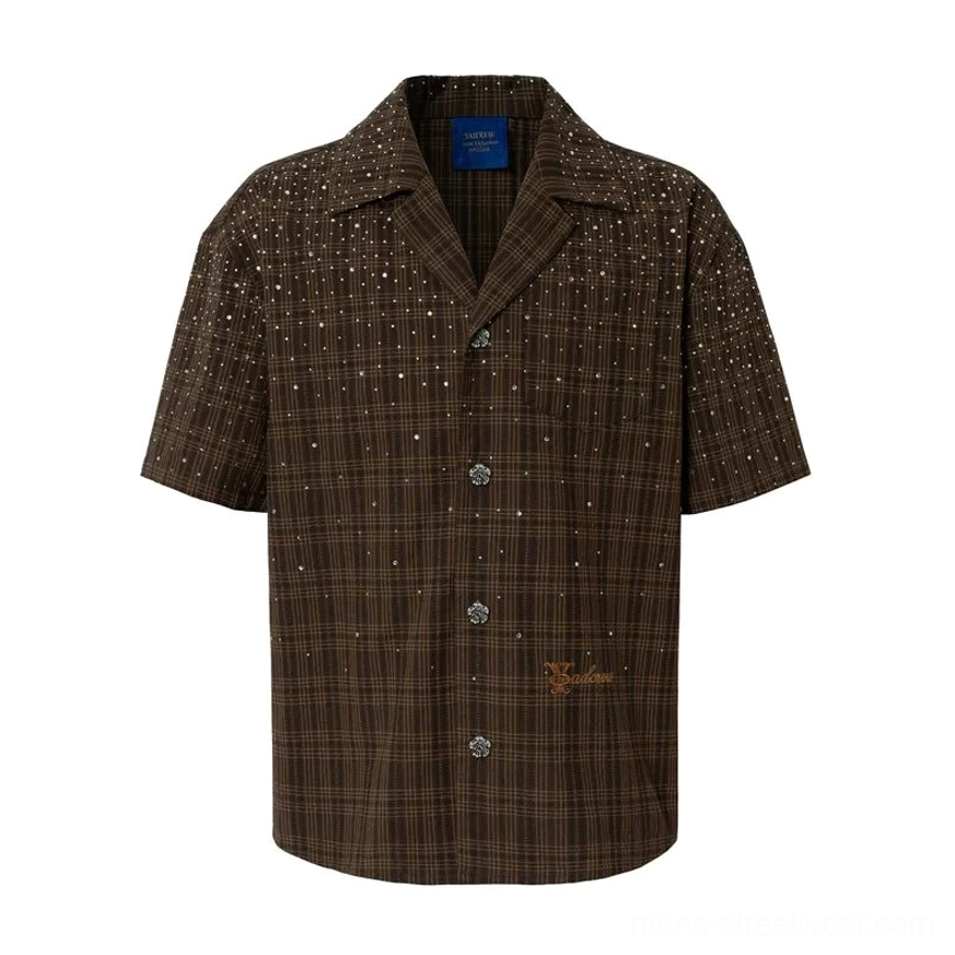 Olive plaid rhinestone camp collar shirt product view with relaxed short sleeve silhouette and sparkling embellishments