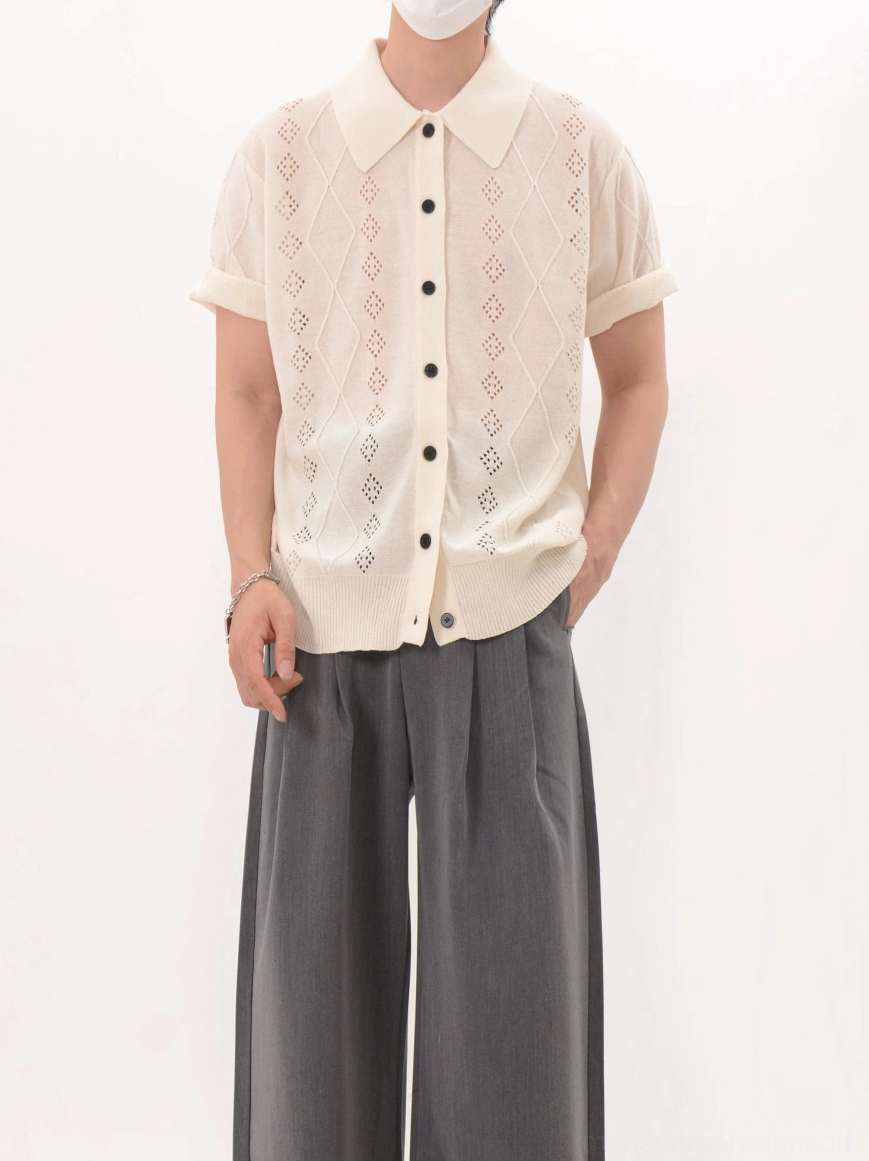 Openwork argyle knit polo cardigan product image highlighting the lightweight textured knit and short-sleeve design