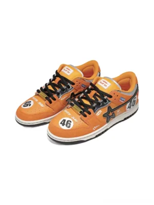 Pair of orange racing skate sneakers shown from above with dual 46 toe graphics, black star side emblems, black laces, suede-textured panels, and off-white lining