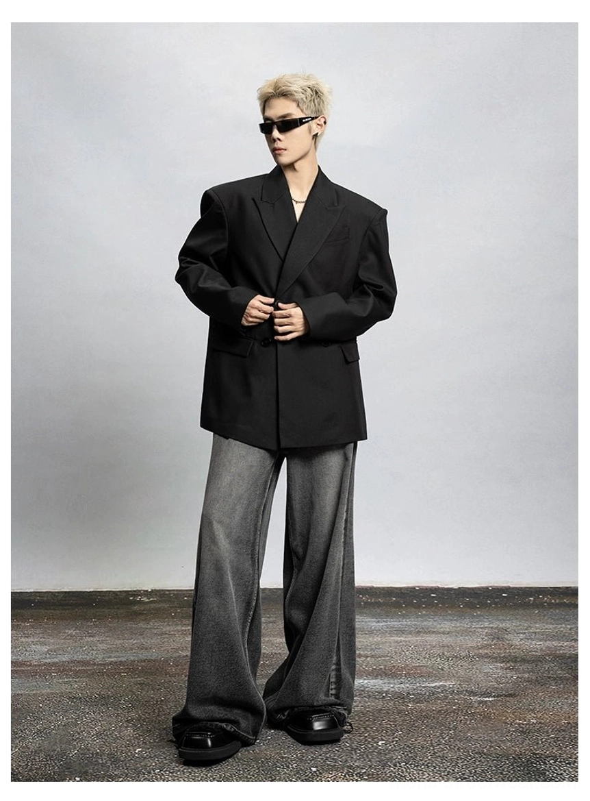 Oversized black tailored blazer styled as a relaxed monochrome Korean streetwear outer layer