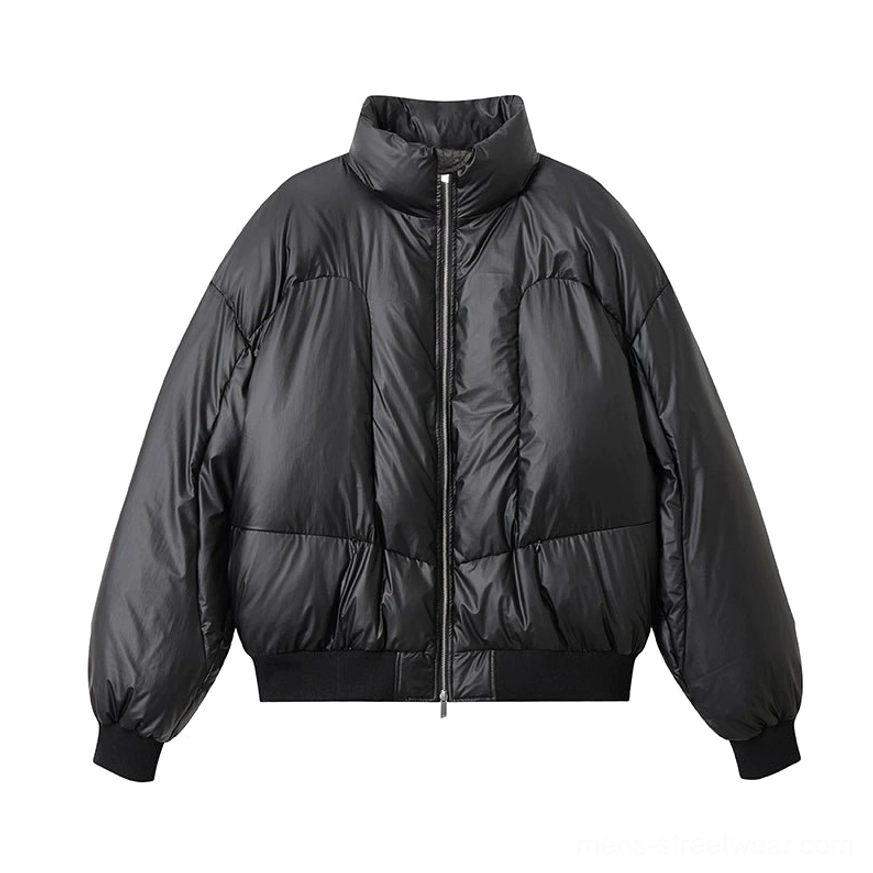 Oversized black duck down puffer jacket with stand collar relaxed fit and full front zipper product view