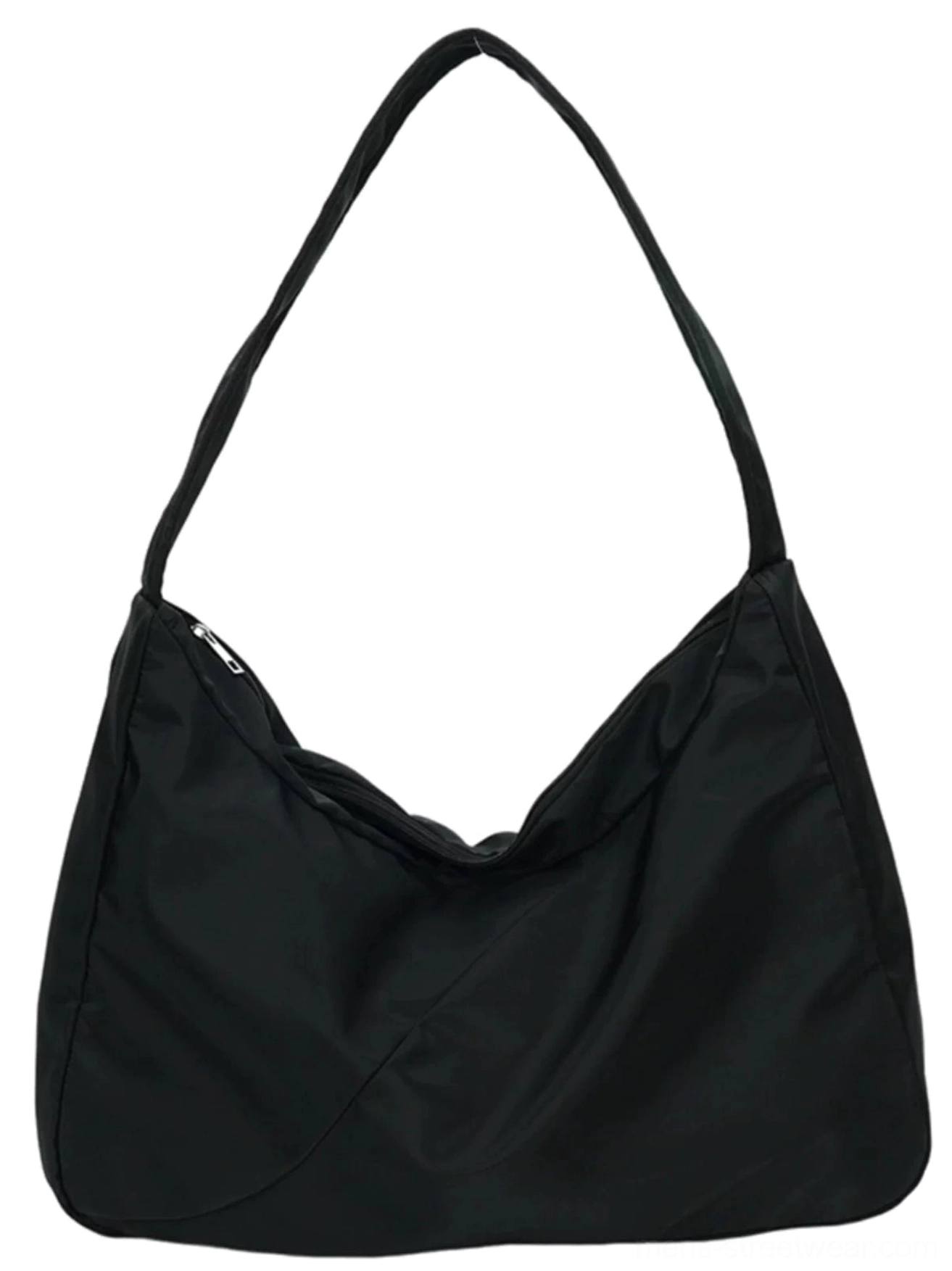 Oversized black nylon city sling bag flat lay showing minimalist hobo shape wide strap and top zipper