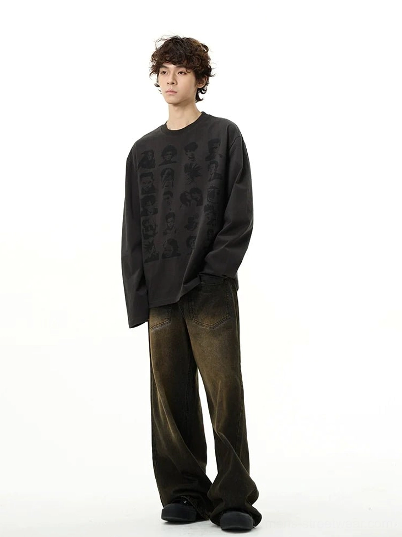 Oversized black retro character graphic long sleeve streetwear tee styled with wide-leg washed brown denim and black casual shoes