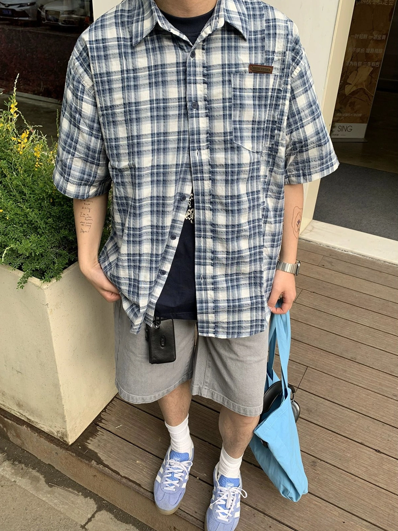 Oversized blue white plaid Korean streetwear shirt short sleeve relaxed fit product image