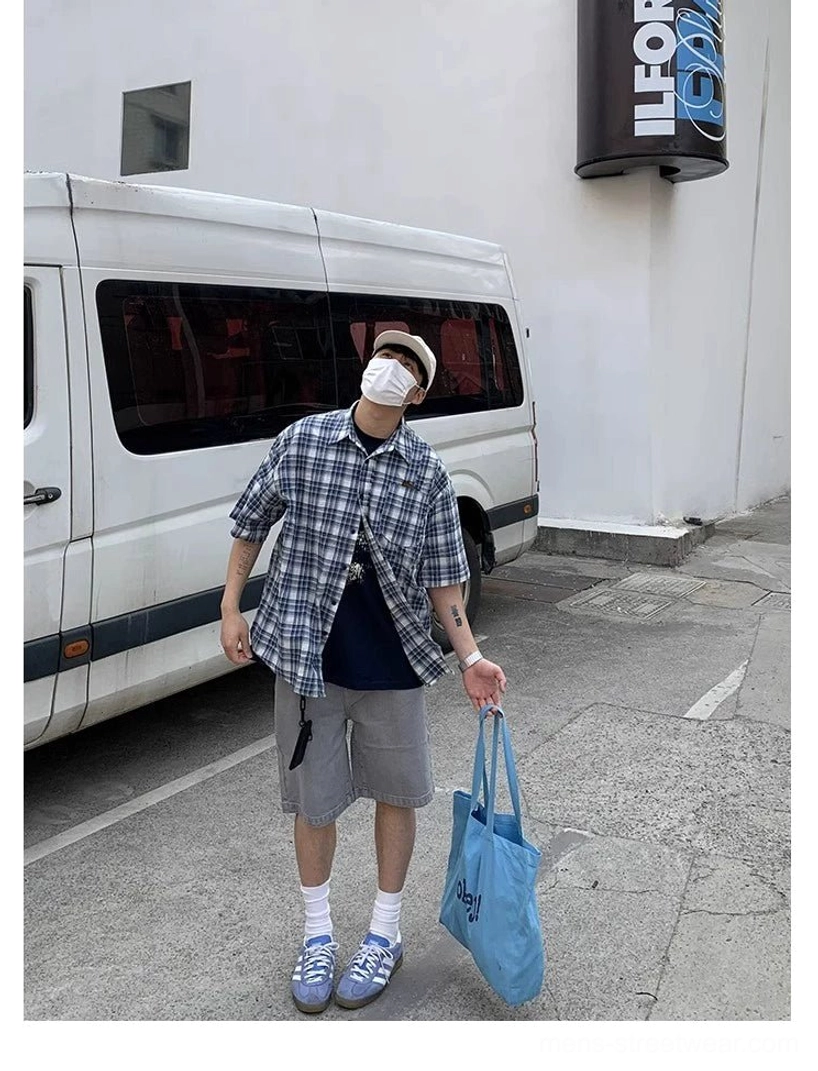 Oversized blue white plaid Korean streetwear shirt short sleeve button up apparel product image
