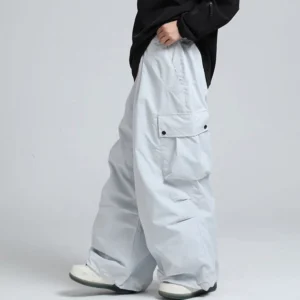 Light ash gray wide-leg cargo snow pants with relaxed streetwear fit and side utility pocket