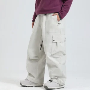 Off-white oversized cargo snow pants shown from a low side view with a loose wide-leg snowboard silhouette, side flap cargo pocket, and durable outdoor shell