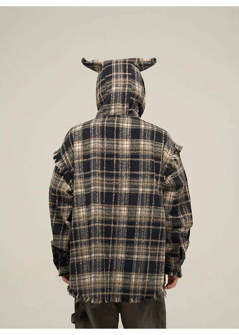 Black cat ear plaid flannel hooded shirt back view showing oversized longline silhouette