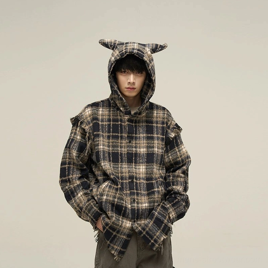 Black oversized cat ear plaid flannel hooded shirt color variant product image