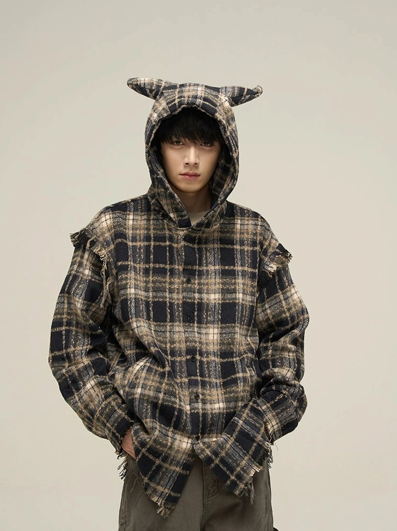 Black oversized cat ear plaid flannel hooded shirt front view with relaxed streetwear fit