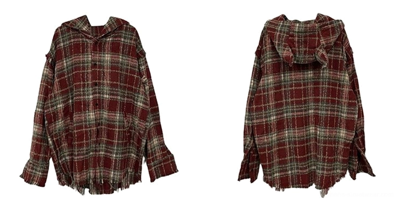 Oversized cat ear plaid flannel hooded shirt with button front and distressed frayed trim