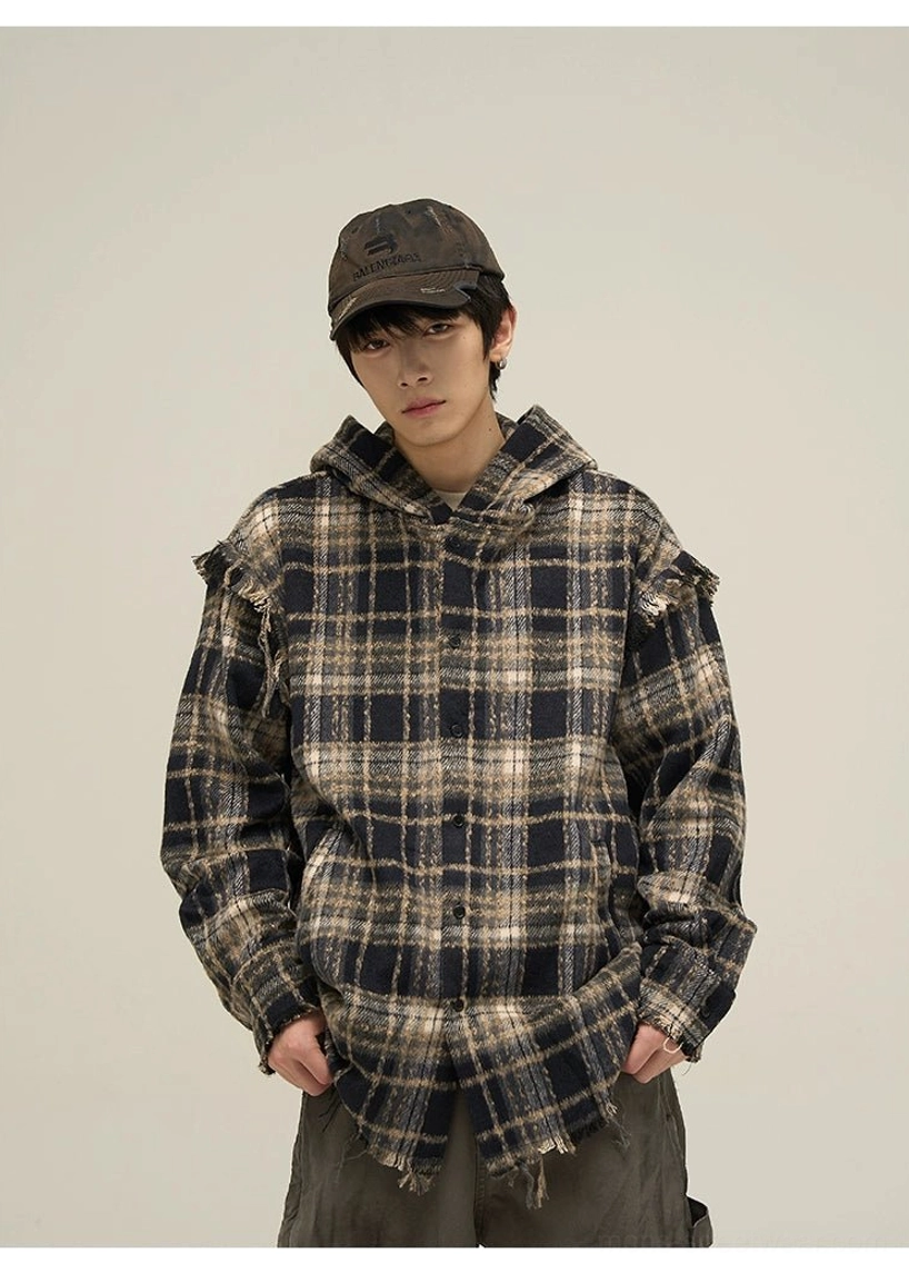 Dark tartan oversized flannel hooded shirt with distressed frayed details and front pockets