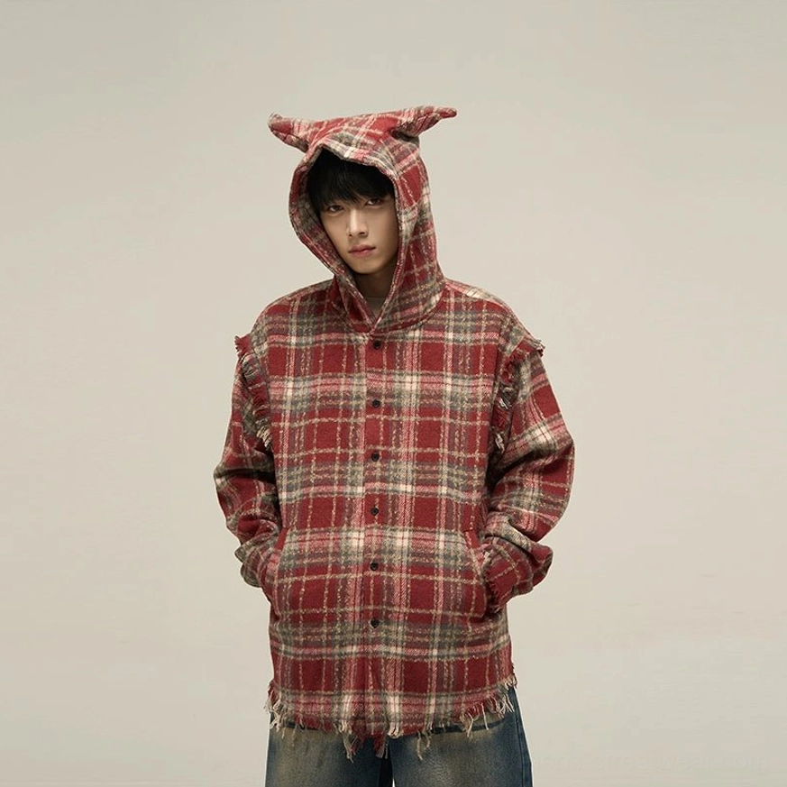 Red oversized cat ear plaid flannel hooded shirt color variant product image