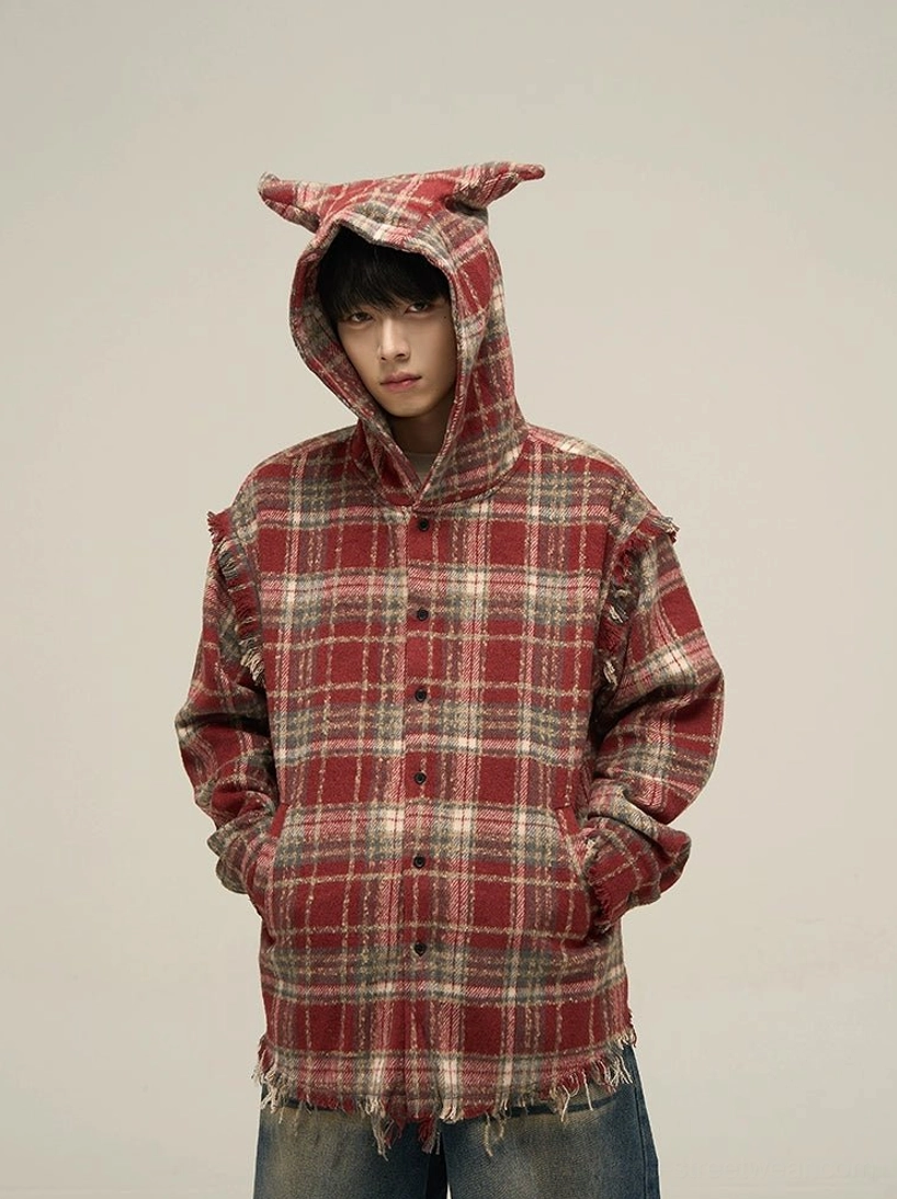 Red oversized cat ear plaid flannel hooded shirt front view styled with blue denim jeans