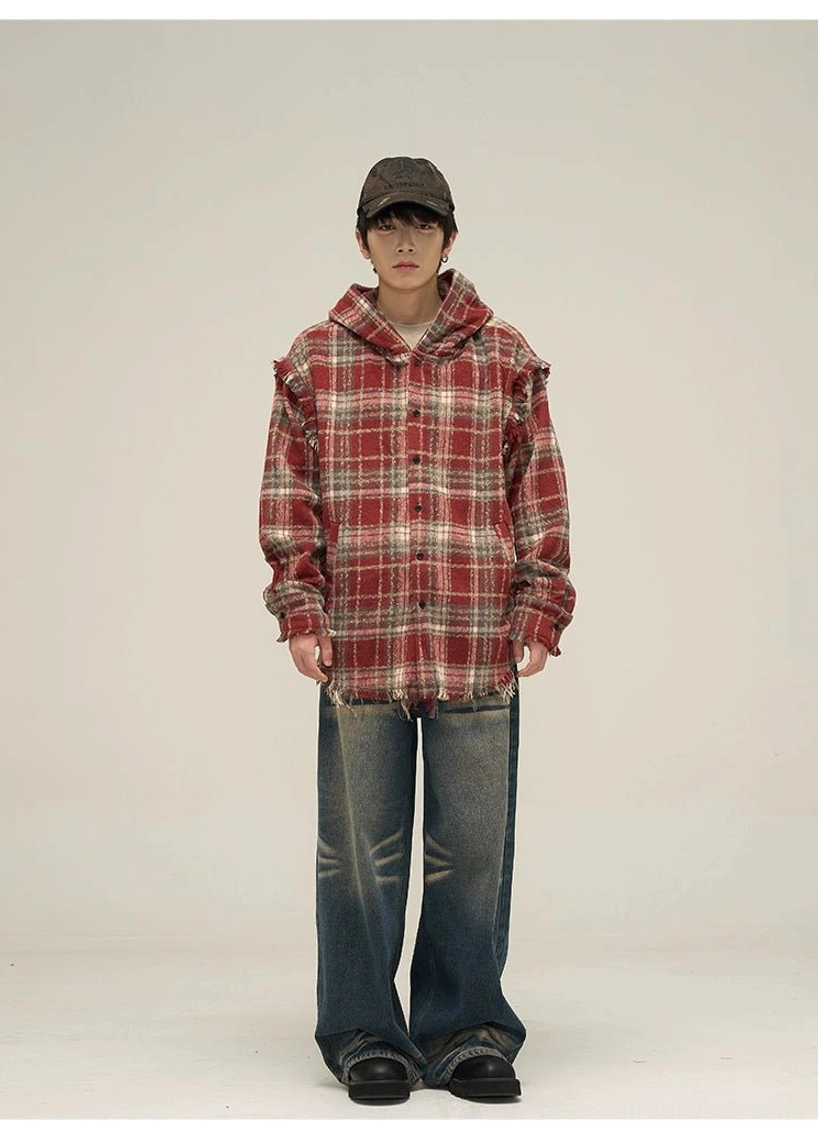 Red plaid cat ear flannel hooded shirt full body streetwear look with ripped blue jeans