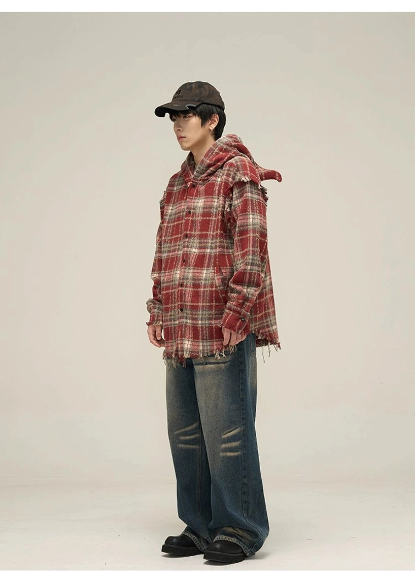 Red oversized cat ear plaid flannel hooded shirt side view showing long relaxed fit