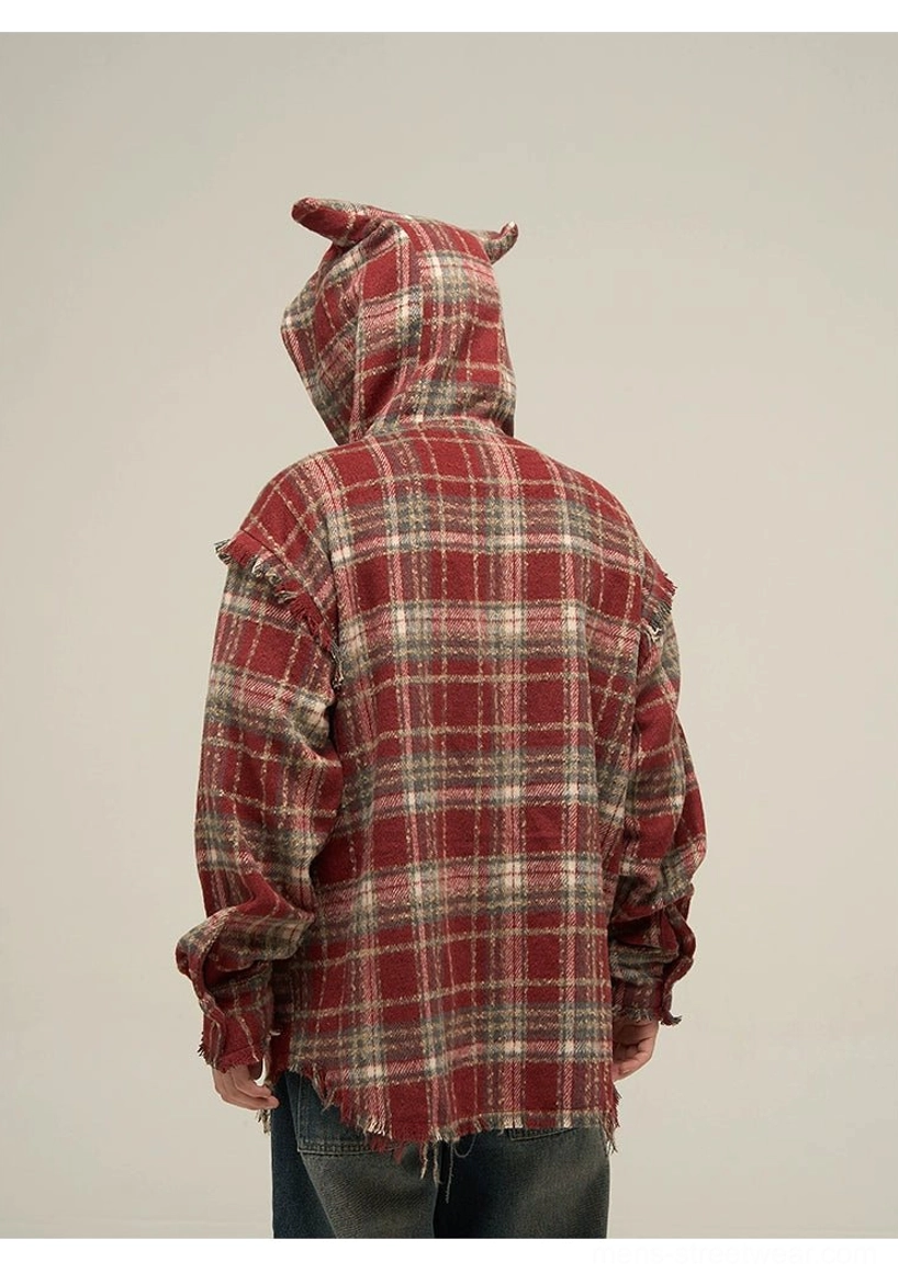 Oversized cat ear plaid flannel hooded shirt detailed streetwear product view