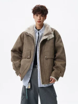 Coffee brown oversized faux shearling aviator jacket in Korean streetwear style shown from a front three quarter view