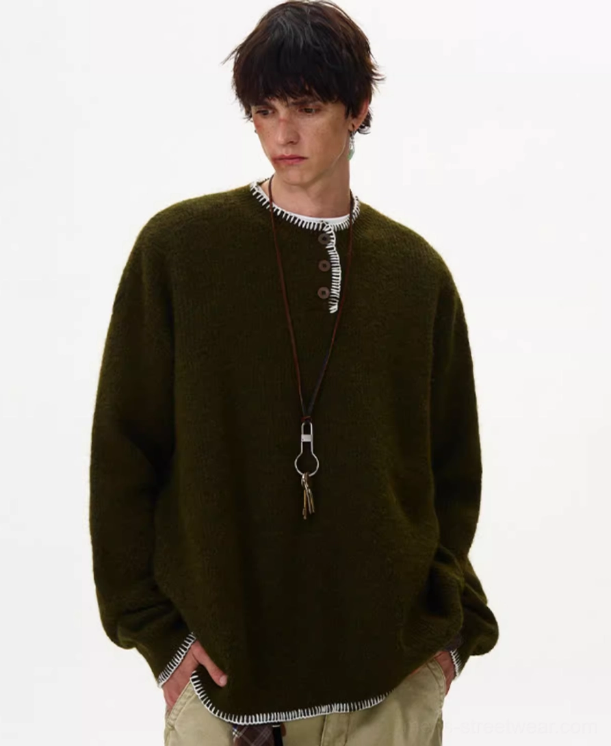 Oversized contrast-stitch Henley knit sweater product image for Korean streetwear layering and relaxed urban styling