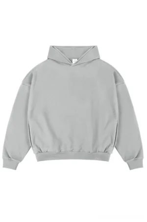Light gray oversized cotton French terry hoodie with drop shoulders and ribbed trims
