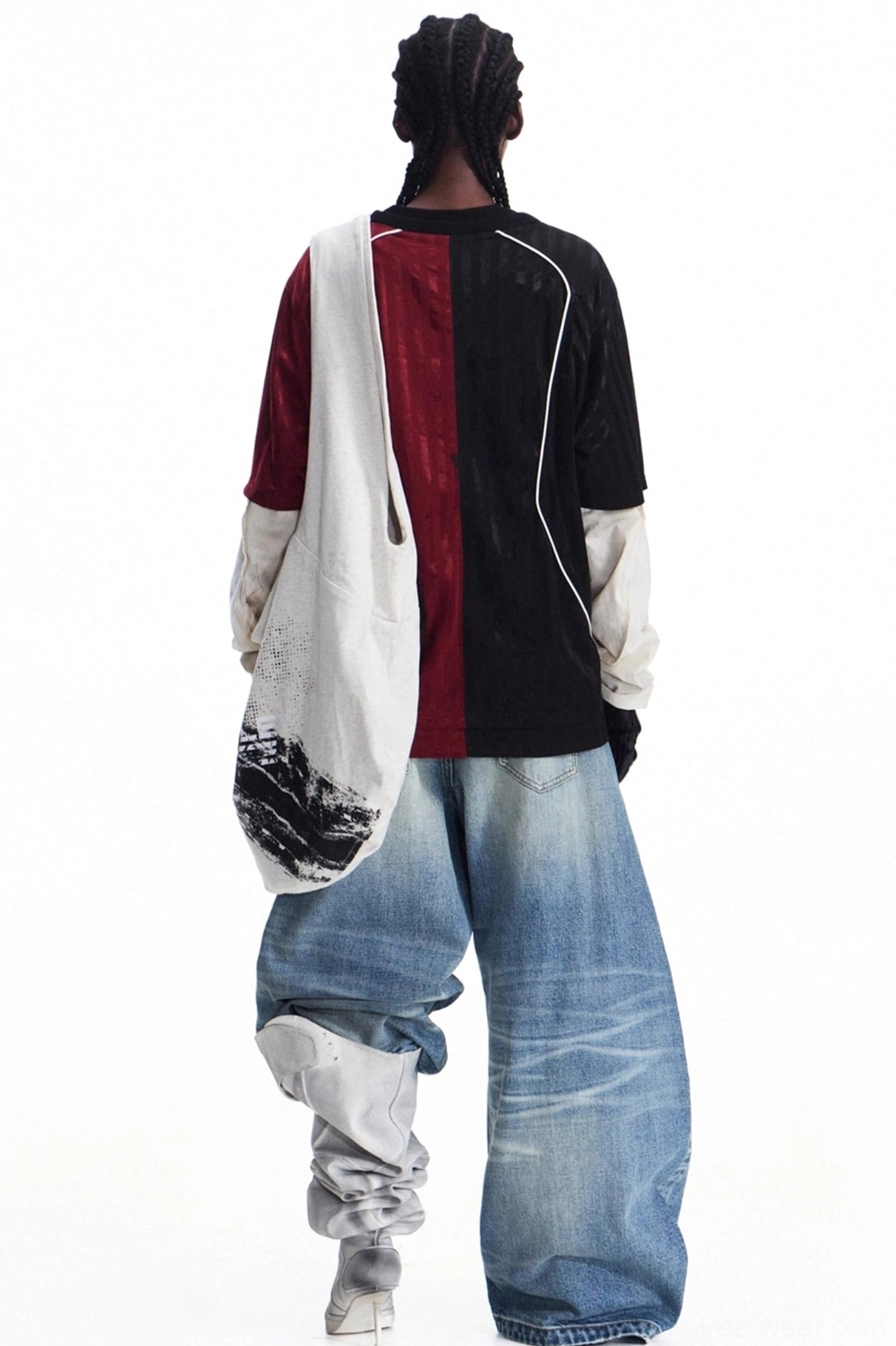 Oversized distressed canvas tote bag for men's streetwear with a relaxed slouchy silhouette and graphic print
