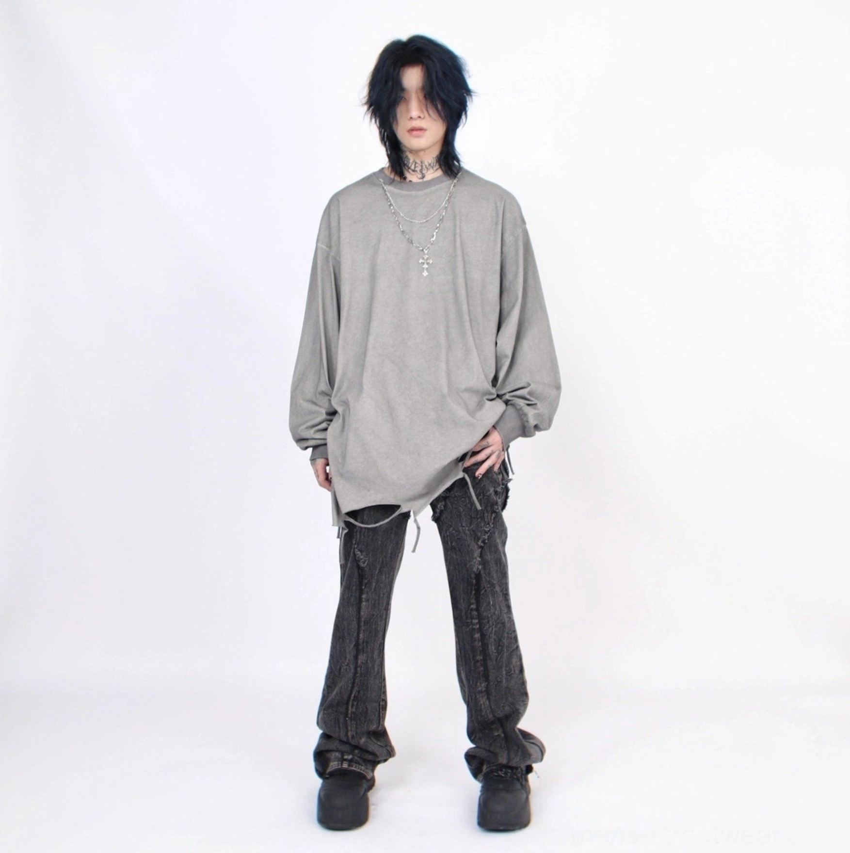 Oversized distressed long-sleeve streetwear tee with washed finish and included cross necklace