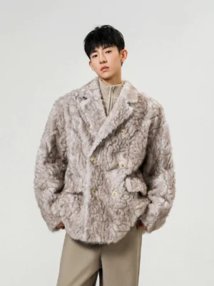 Light grey oversized faux fur teddy overcoat styled with a beige knit top and loose khaki trousers in Korean streetwear fashion