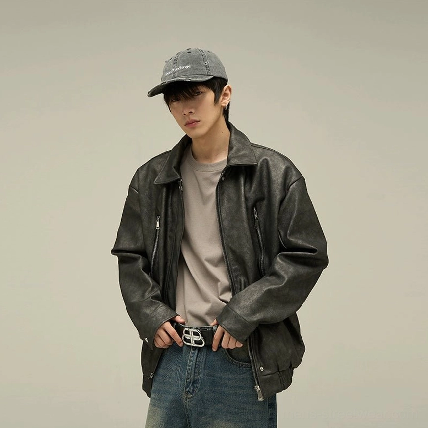 Modern oversized faux leather streetwear jacket designed for layered Seoul fashion outfits with a classic collar, zip closure, and relaxed fit