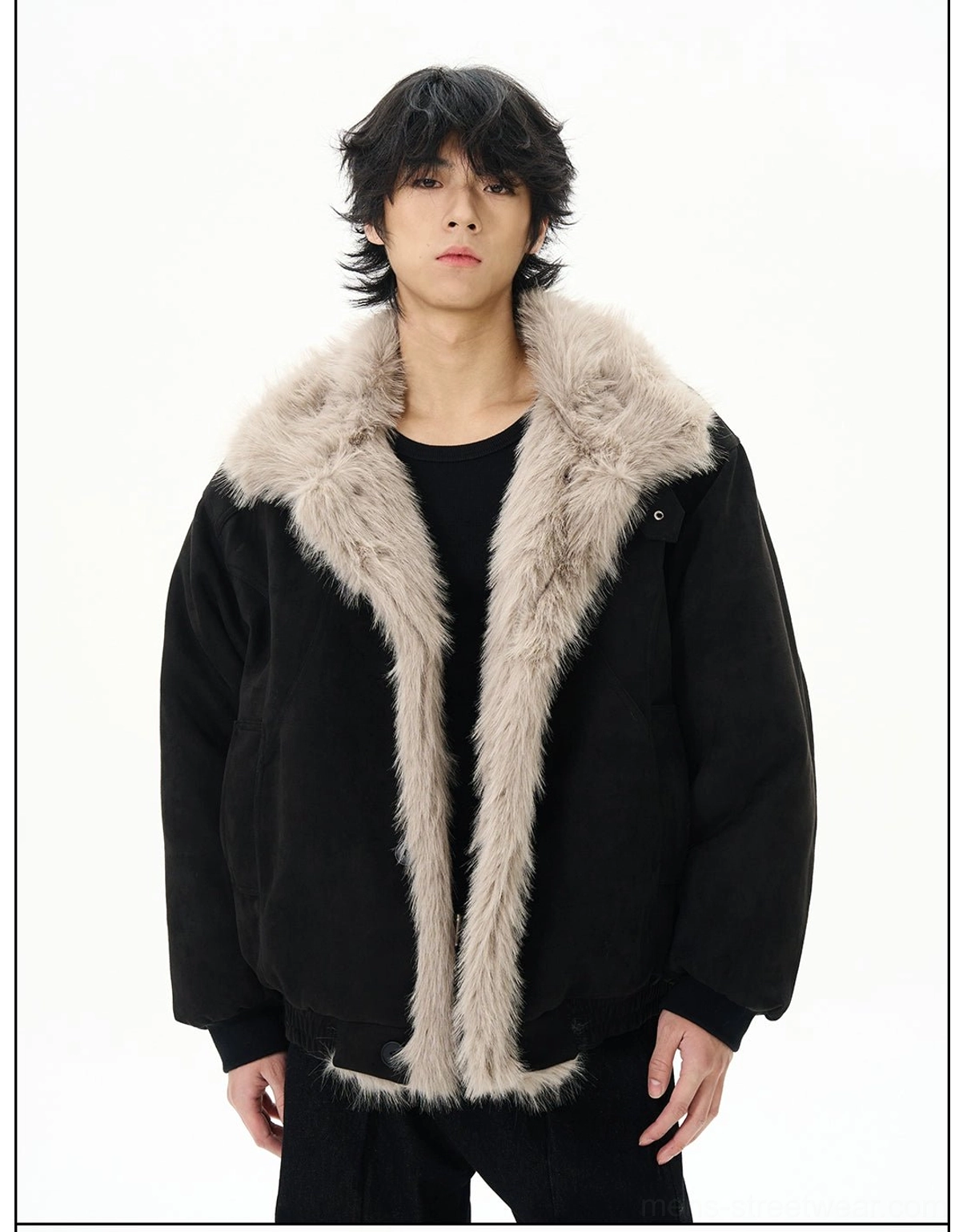 Black faux shearling aviator bomber jacket close-up showing soft fluffy collar and front trim