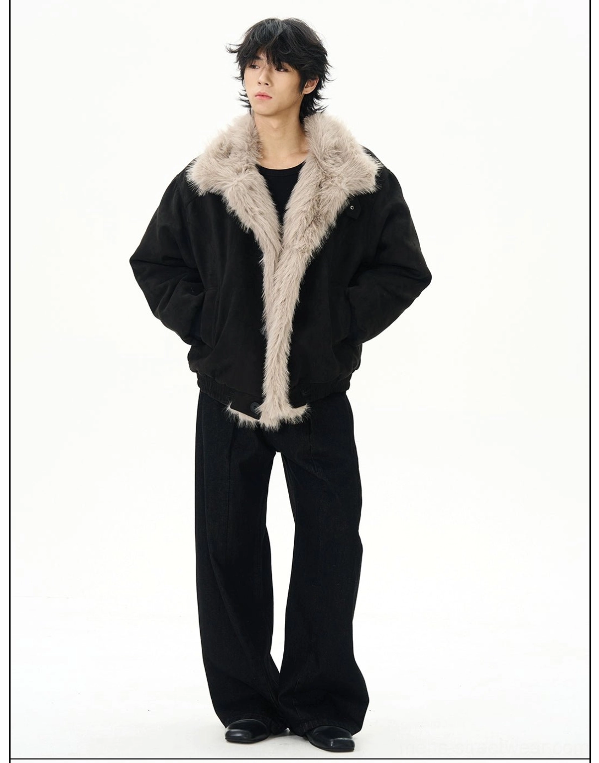 Black oversized faux shearling aviator bomber jacket full front view in Korean streetwear styling