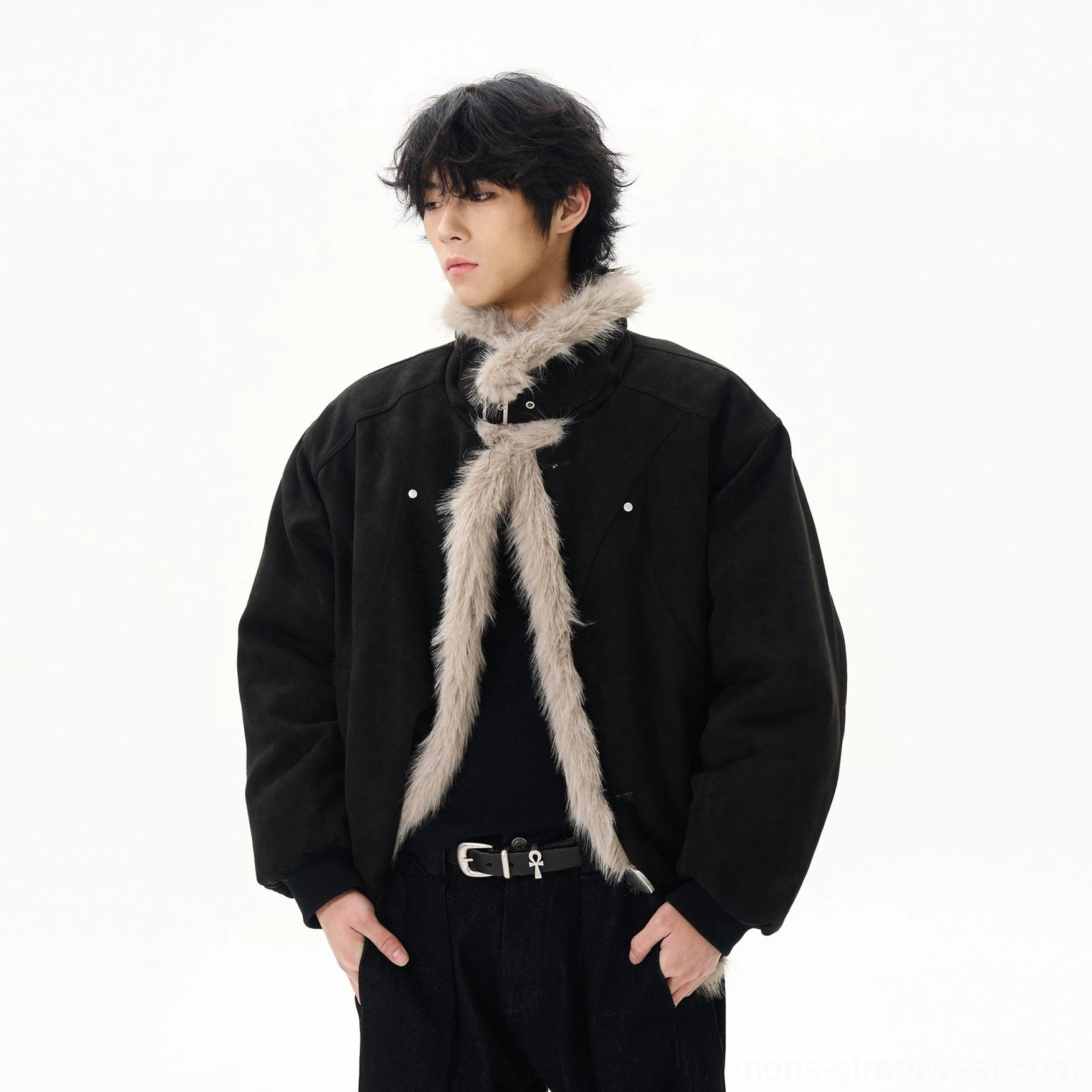 Black oversized faux shearling aviator bomber jacket product image with plush contrast faux fur details