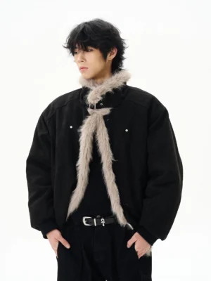 Black oversized faux shearling aviator bomber jacket side detail showing plush trim and shoulder snap accents