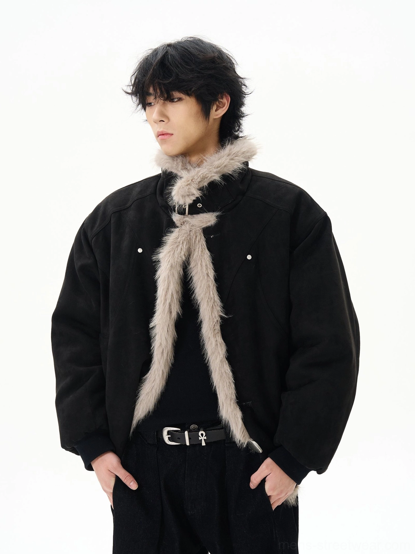 Black oversized faux shearling aviator bomber jacket side detail showing plush trim and shoulder snap accents