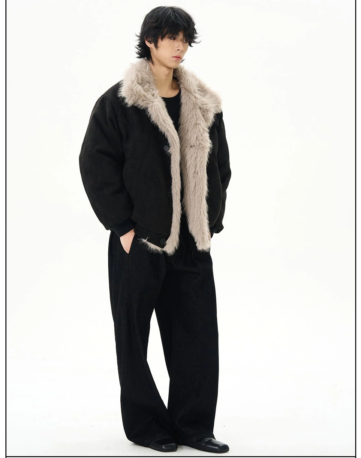 Black faux shearling aviator bomber jacket side profile with relaxed oversized fit and wide-leg pants