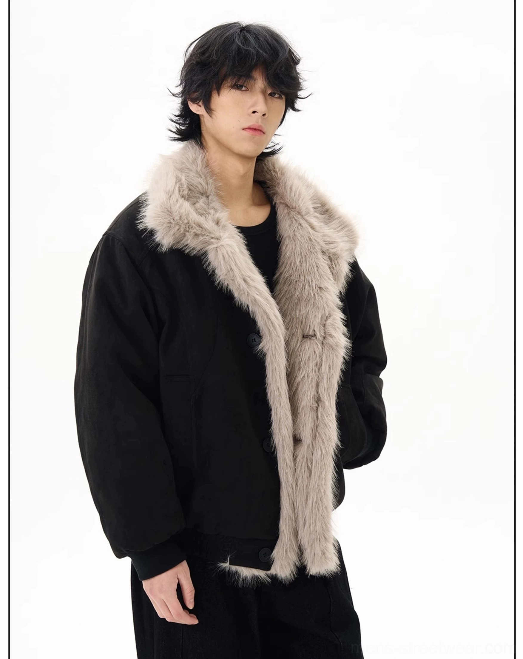 Black oversized faux shearling aviator bomber jacket three-quarter front view with dropped shoulders