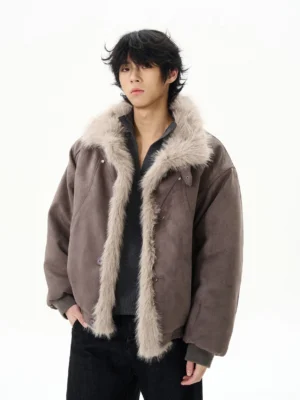 Grey oversized faux shearling aviator bomber jacket front upper body view with suede-look exterior and plush fur collar