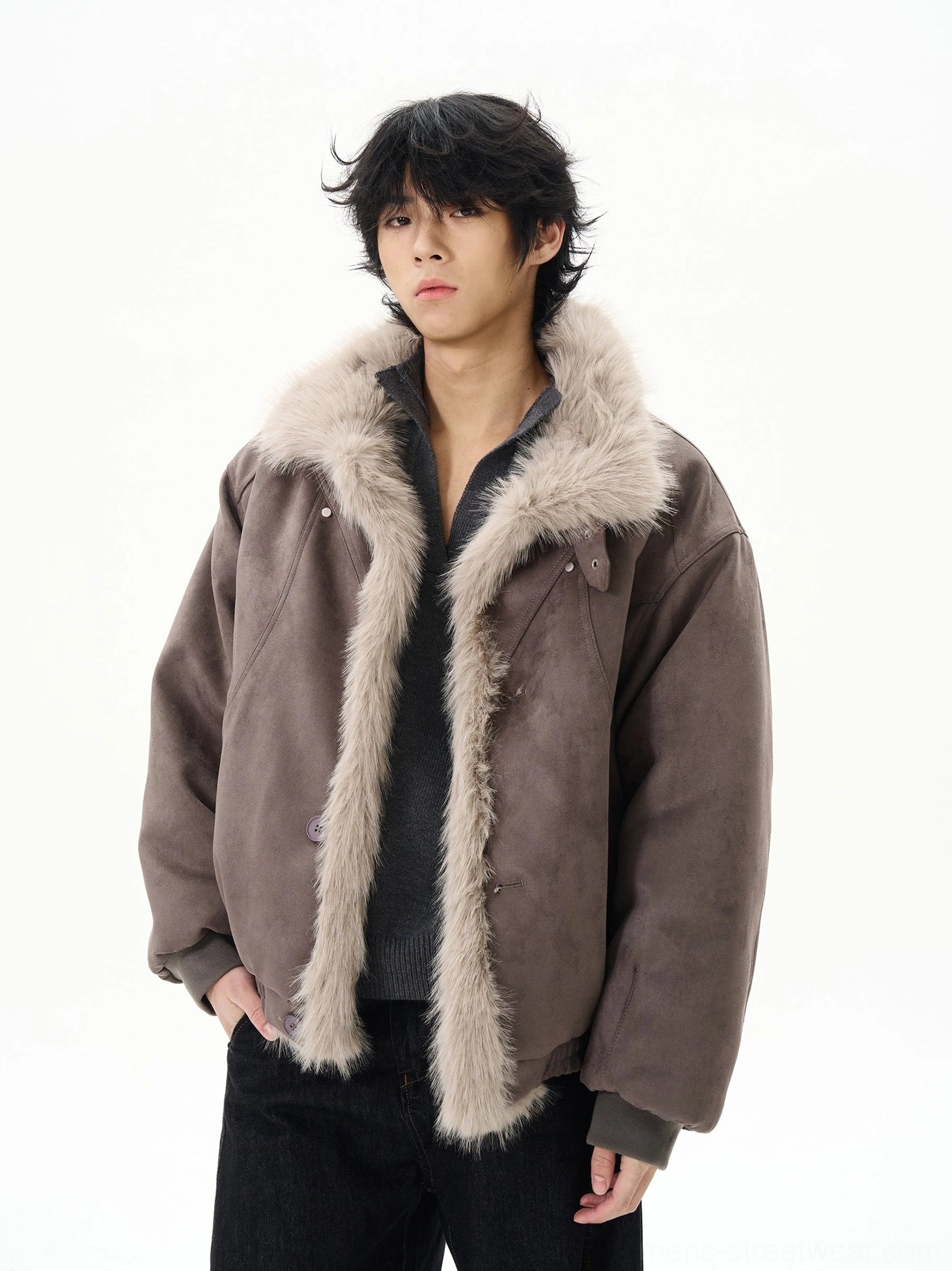Grey oversized faux shearling aviator bomber jacket front upper body view with suede-look exterior and plush fur collar