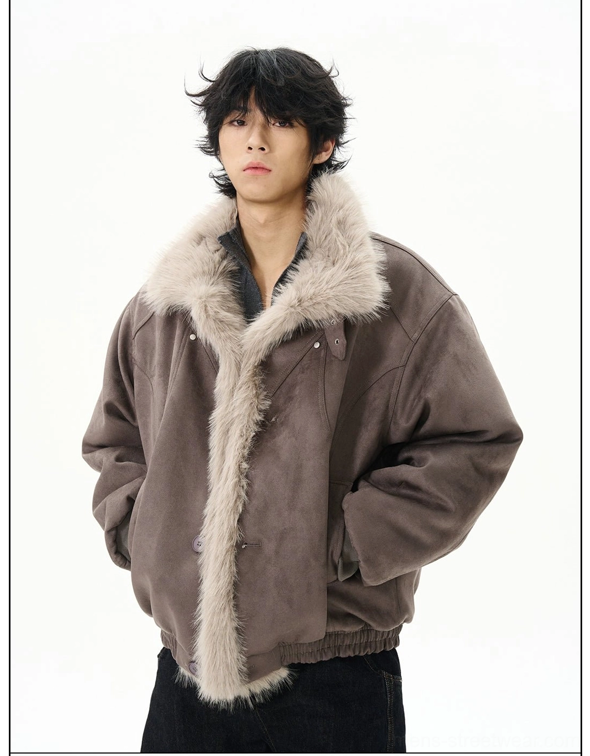 Grey oversized faux shearling aviator bomber jacket full front view with contrast faux fur front placket