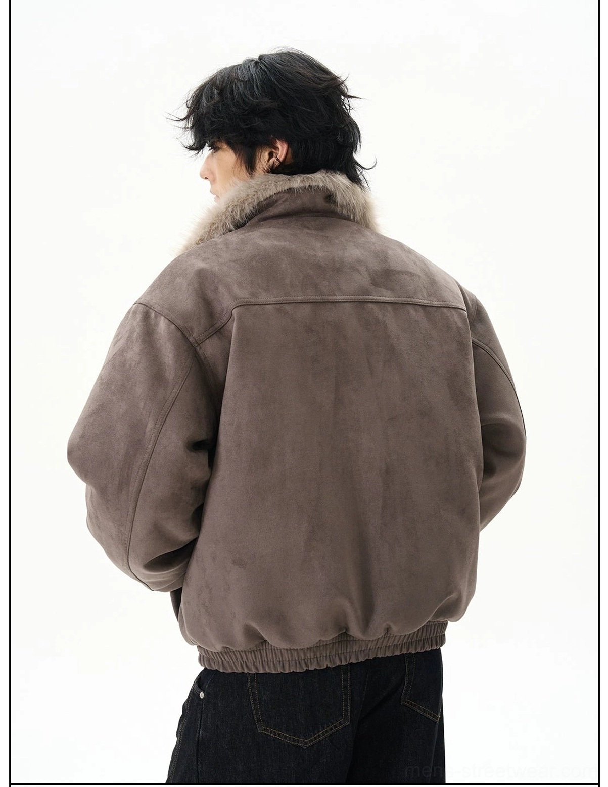 Grey faux suede shearling aviator bomber jacket rear view showing clean back and ribbed hem